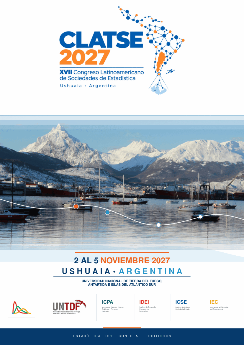 Póster de la Primera Circular de CLATSE 2027: XVII Congreso Latinoamericano de Sociedades de Estadística, 2 al 5 de noviembre de 2027, Ushuaia, Argentina, Estadística que conecta territorios